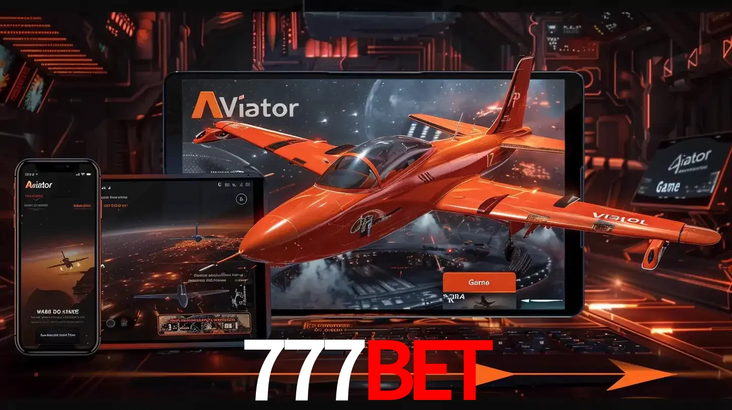 Apresentação tecnológica do jogo Aviator com um avião saindo da tela de um tablet, demonstrando a experiência imersiva em múltiplos dispositivos no 777BET.