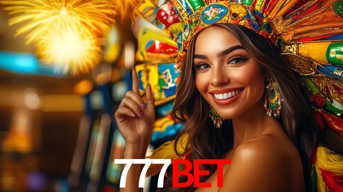 Mulher sorridente com um cocar de carnaval vibrante e colorido, celebrando uma grande vitória nos jogos do cassino 777BET com fogos de artifício ao fundo.