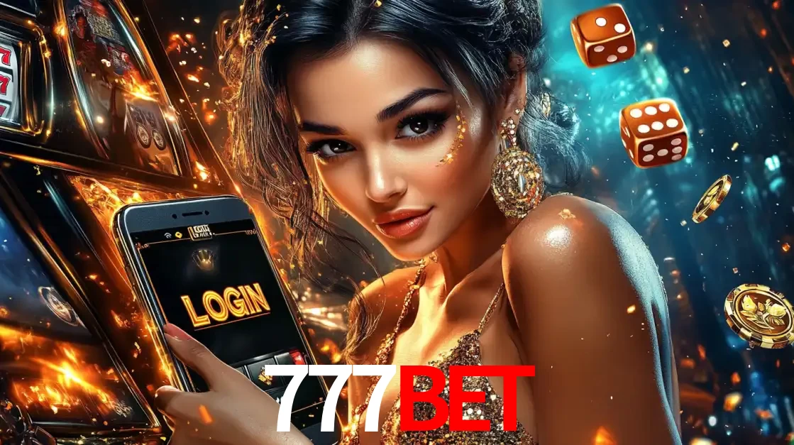 Mulher glamourosa segurando um celular com a tela de login do cassino 777BET, rodeada por dados e moedas douradas, pronta para começar a diversão.