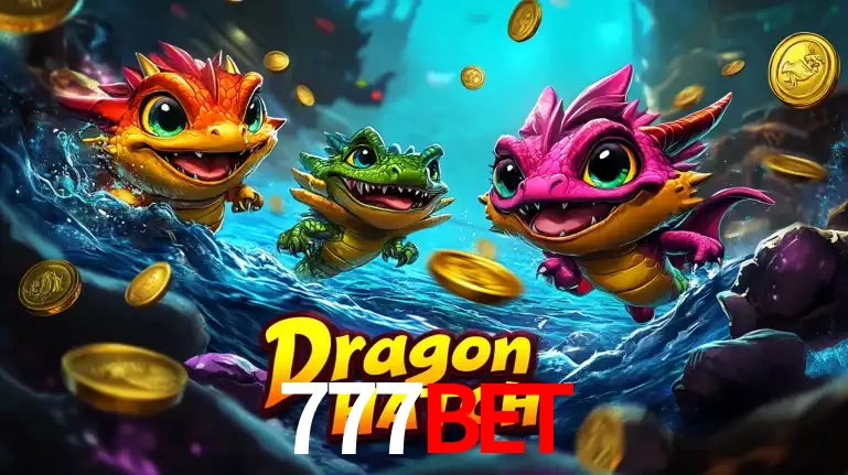Arte promocional do jogo Dragon Hatch com três adoráveis dragões bebês nadando entre moedas de ouro, um dos slots mais divertidos para jogar no cassino 777BET.