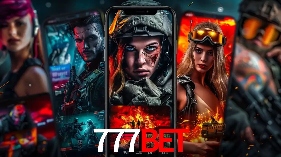 Montagem de telas de celular mostrando diversos personagens, masculinos e femininos, de um jogo de tiro, ilustrando a diversidade de equipes de e-sports para apostar no 777BET.