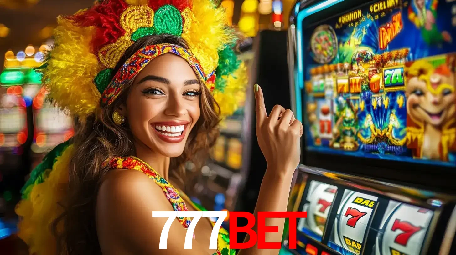 Mulher animada com um cocar de carnaval apontando para uma máquina de caça-níqueis, mostrando a emoção de ganhar um grande prêmio nos jogos do 777BET.