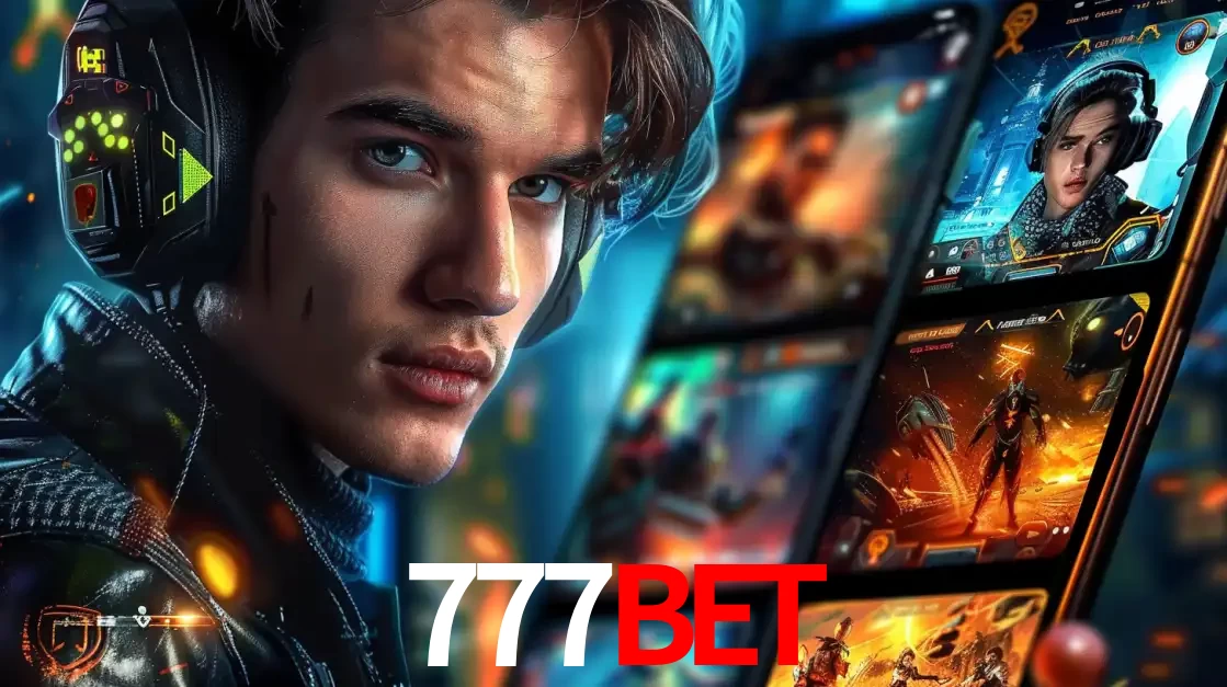 Jovem jogador com fones de ouvido olhando para a câmera, com um aplicativo de jogos e e-sports para celular ao fundo, pronto para a competição e apostas no 777BET.