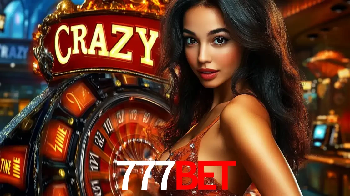 Mulher glamourosa olhando para a câmera com a roda vermelha do Crazy Time ao fundo em um ambiente de cassino, destacando a emoção dos jogos ao vivo no 777BET.