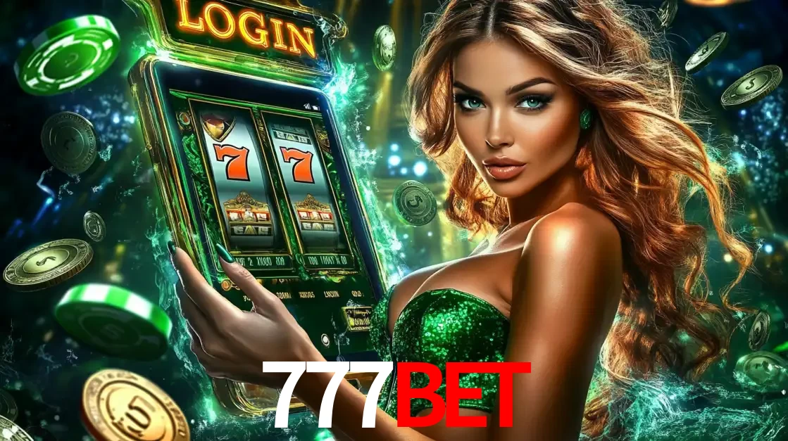 Mulher com tema verde apresentando o aplicativo do cassino 777BET com um jogo de slot de 777, cercada por fichas de cassino e uma aura de sorte.