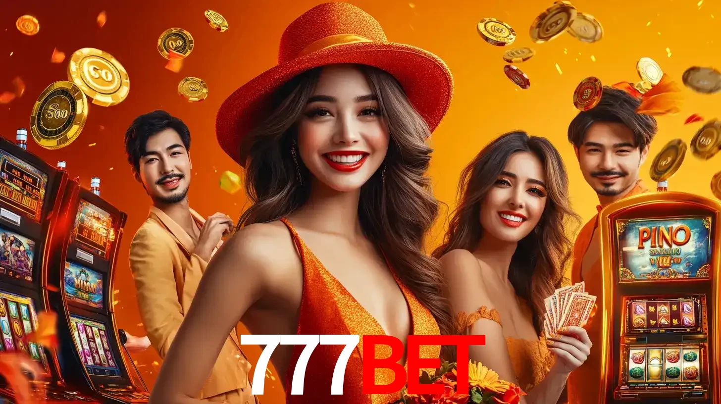 Grupo de amigos asiáticos sorrindo e se divertindo com máquinas de caça-níqueis em um ambiente festivo, celebrando suas vitórias nos jogos de cassino do 777BET.