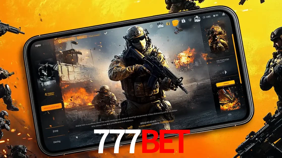 Um smartphone exibindo a interface de um jogo de tiro em primeira pessoa, com um soldado em um cenário de batalha, representando a ação dos e-sports para apostar no 777BET.