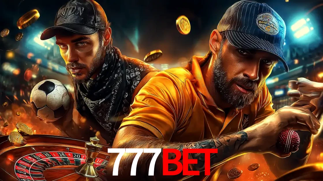 Montagem de apostas esportivas e cassino no 777BET, com um homem segurando uma bola de futebol e outro uma de beisebol sobre uma roleta e moedas voadoras.