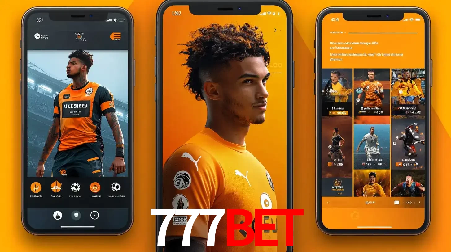 Interface do aplicativo de apostas esportivas 777BET em três telas de celular, mostrando o perfil de um jogador de futebol e a lista de jogos disponíveis para apostar.