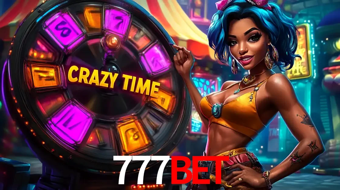 Mulher estilizada com cabelo azul e visual vibrante posando ao lado da roda de prêmios do game show Crazy Time, convidando para a diversão e os bônus do cassino 777BET.