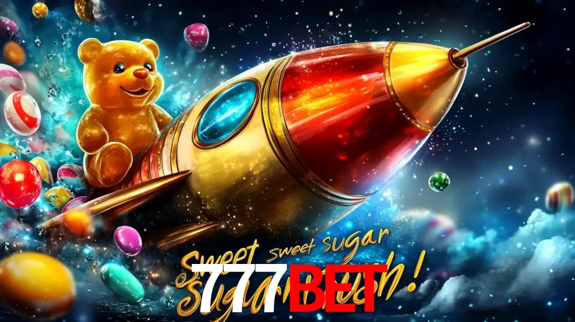 Arte promocional do jogo de slot Sugar Rush, com um urso de pelúcia em um foguete viajando pelo espaço de doces, um dos jogos divertidos disponíveis no cassino 777BET.