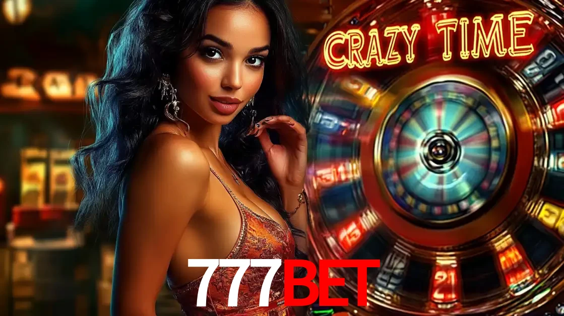 Mulher elegante ao lado da vibrante roda da fortuna do jogo de cassino ao vivo Crazy Time, um dos game shows mais populares e cheios de prêmios do 777BET.