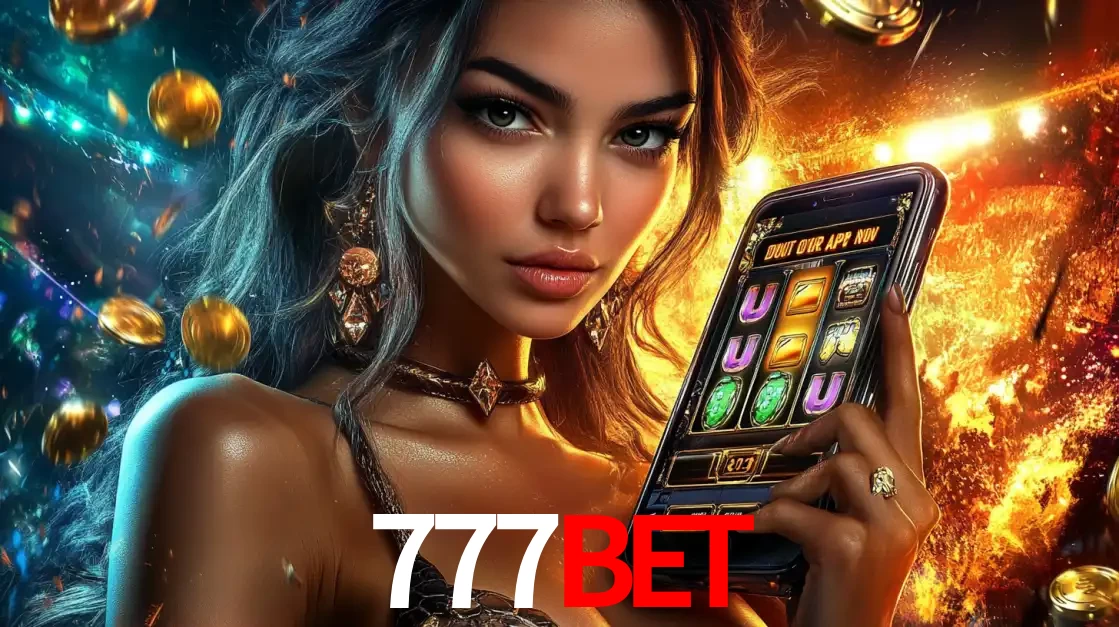 Mulher elegante mostrando um jogo de caça-níqueis em seu smartphone, destacando a experiência de cassino móvel oferecida pelo aplicativo 777BET.