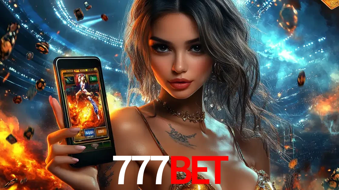 Mulher segurando um celular com um jogo de slot em destaque, tendo como fundo um estádio vibrante, simbolizando a emoção de jogar no cassino móvel 777BET.