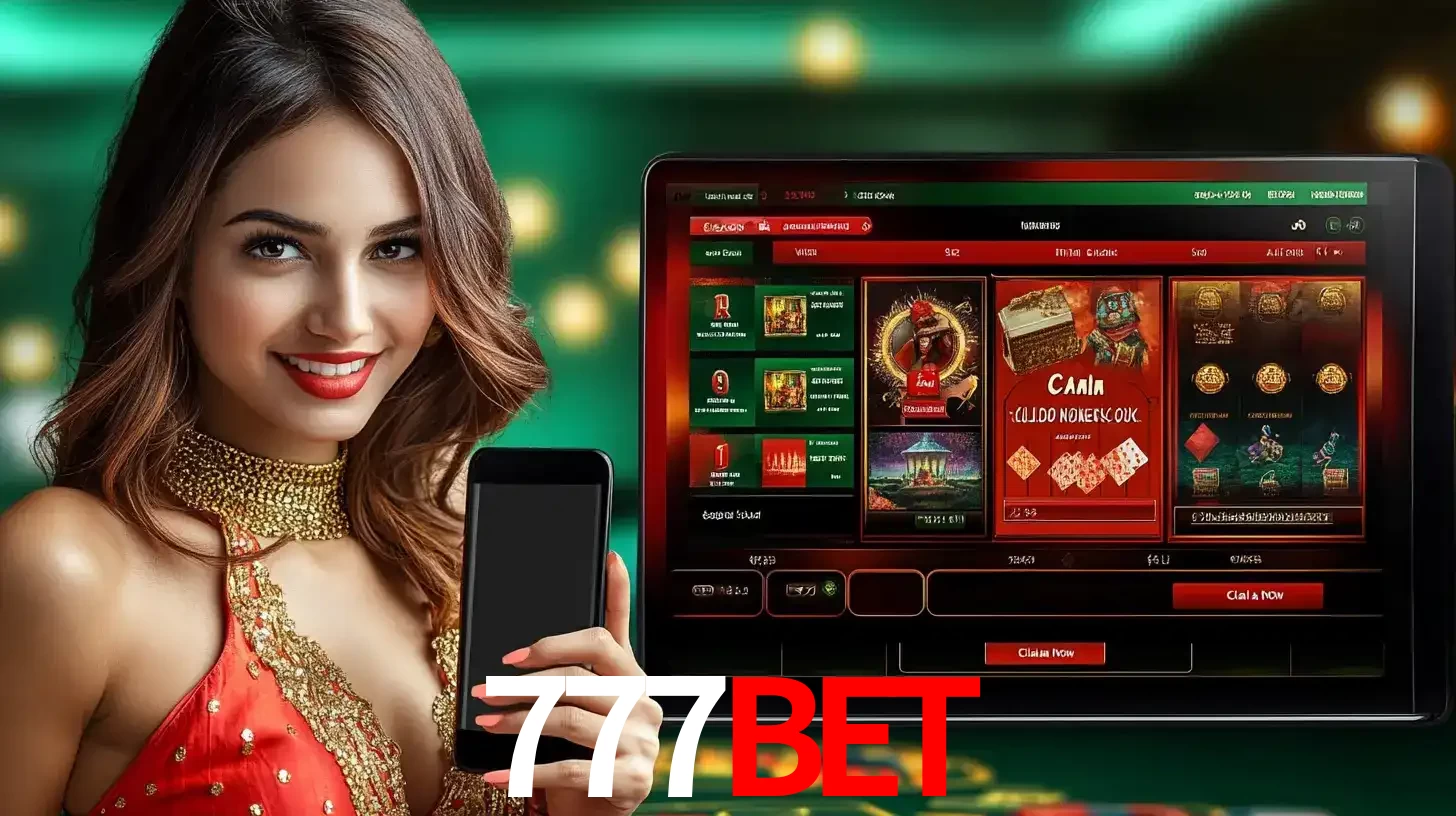 Mulher sorridente segurando um smartphone, ao lado de uma tela exibindo o lobby de jogos do cassino online 777BET, com várias opções de jogos de cartas e slots.